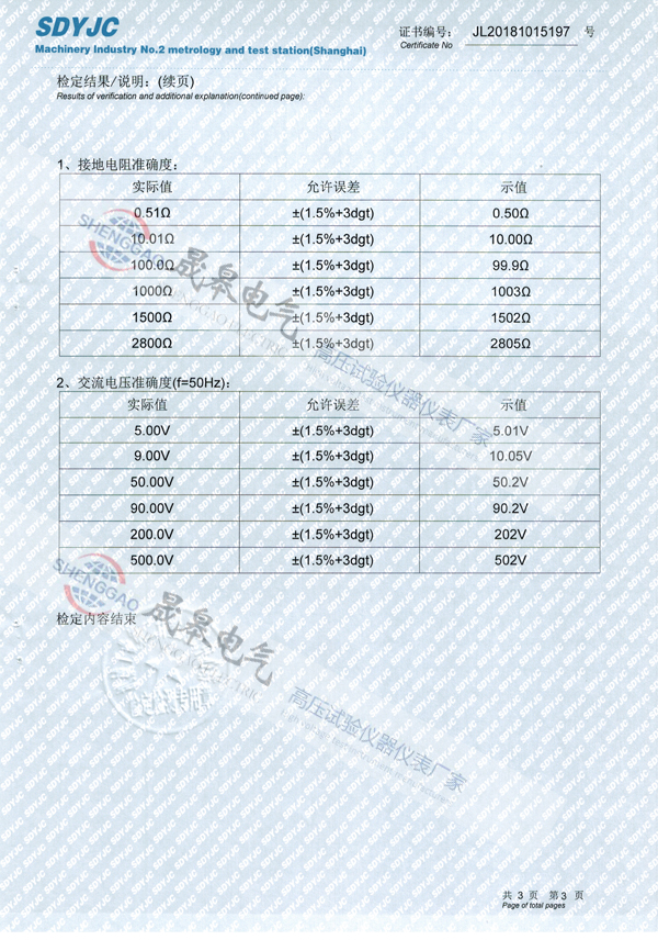 晟皋SG3010接地電阻測試儀檢定證書