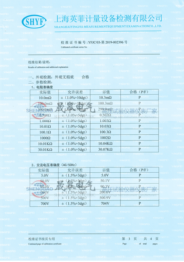 晟皋SG3050等電位測試儀校準證書